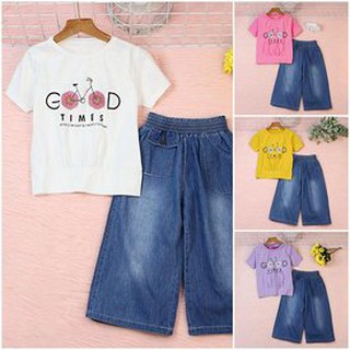 361770 Set Bộ Thời Trang Bé Gái Áo Tay Ngắn In Hoa Cúc Quần Denim Suông Size Đại (6 - 11 tuổi)