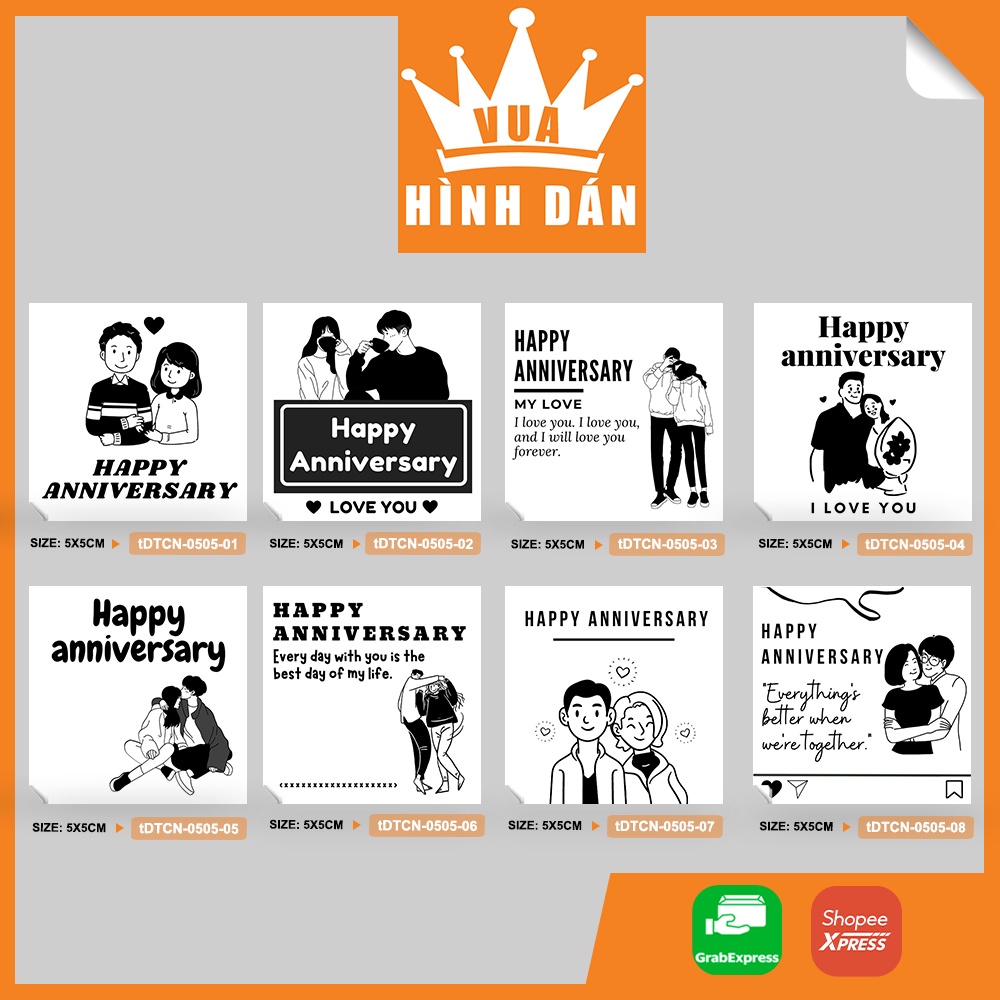 Set 50/100 sticker HAPPY LOVE ANNIVERSARY 5x5cm - nhãn dán hộp gói quà, túi sản phẩm, kiện hàng (1.0