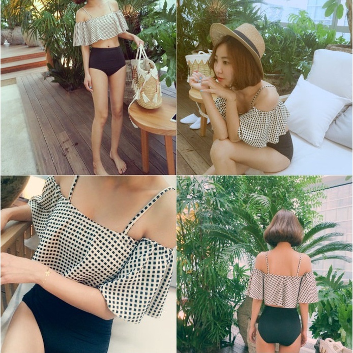 Đồ Bơi Nữ Đi Biển Quần Cạp Cao kèm Voan Bèo 2 Dây Mặc Được 2 Kiểu Quây Ngực Và Trễ vai