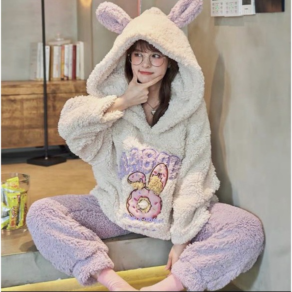Bộ ngủ lông mũ bò sữa đen trăng/ Bộ ngủ lông mũ thỏ tím xinh xắn/ Bộ ngủ lông mũ nữ ấm áp mùa đông | BigBuy360 - bigbuy360.vn