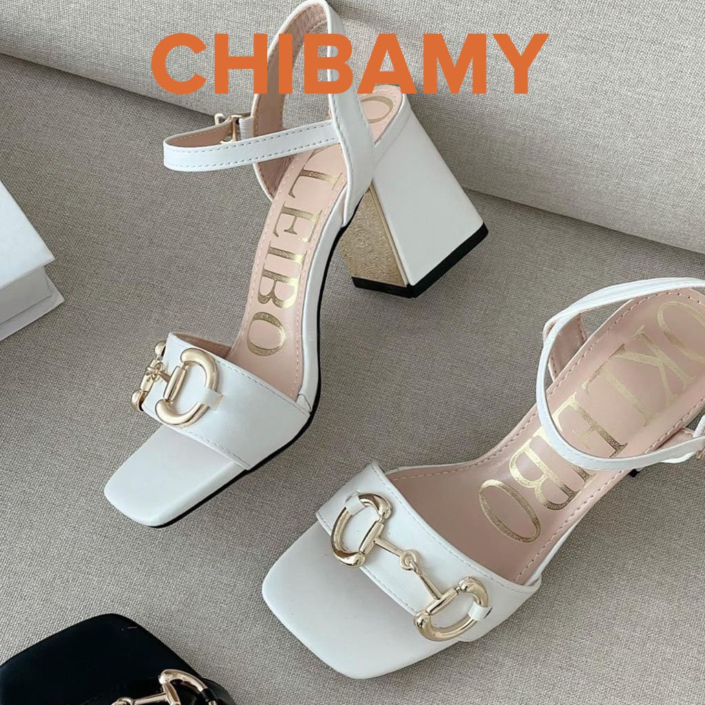 Giày Sandal cao gót nữ GuC chất da mềm CHIBAMY, dép quai hậu nữ gót vuông cao 7cm