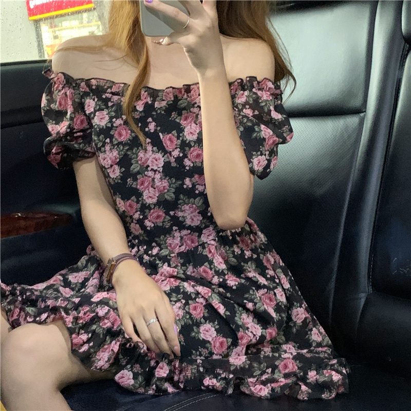 Đầm ZHELIHANGFEI chiffon có lớp lót tay ngắn phồng thiết kế trễ vai in họa tiết hoa thời trang