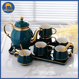 Bộ ấm chén sứ xanh phối viền vàng trang nhã phong cách châu âu