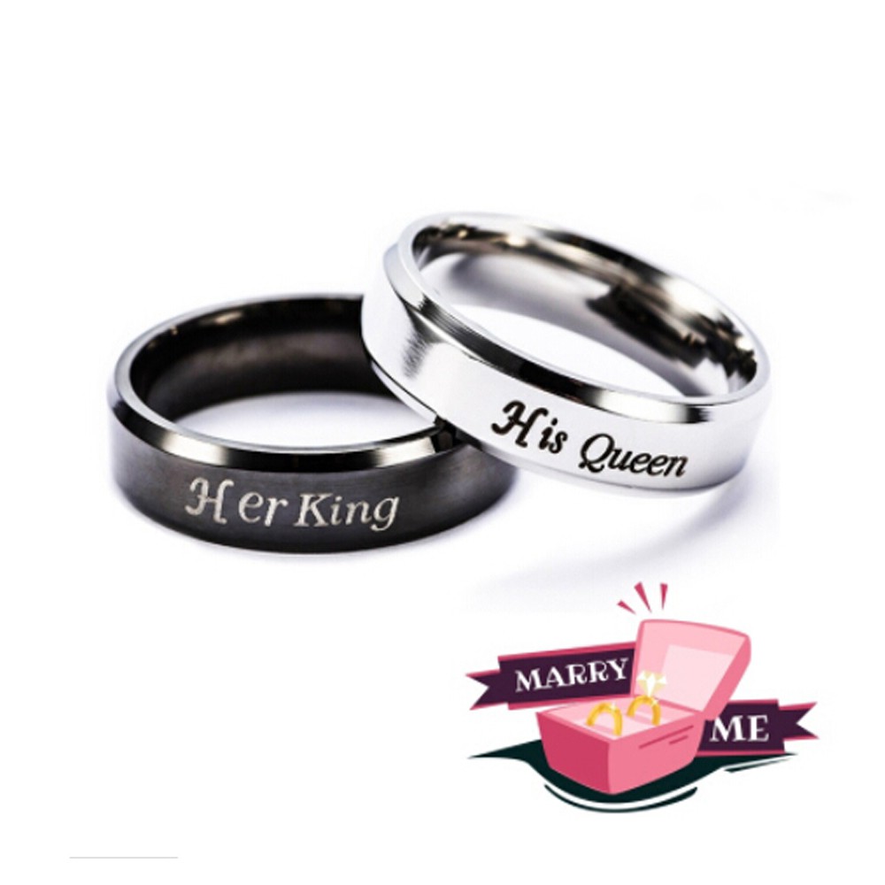 Nhẫn Khắc Chữ His Queen / Her King Bằng Thép Không Gỉ Cho Cặp Đôi