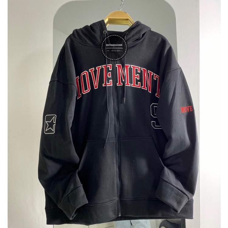 Áo Khoác Hoodie Kéo Khóa Zip Thêu chữ Movement Màu Đen Chất Vải Nỉ Bông