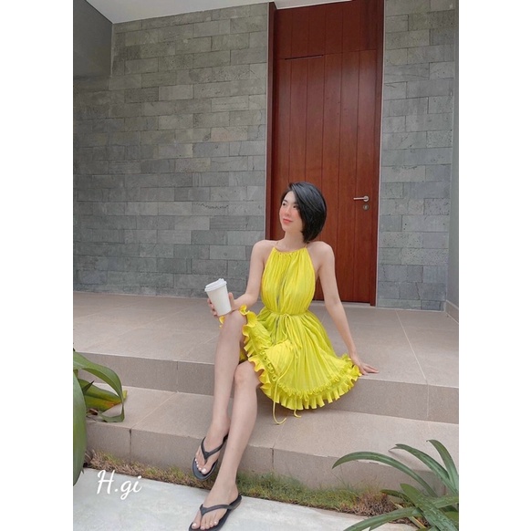 Đầm 2 dây dáng xoè đi biển đi chơi có dây cột nơ eo phong cách Hàn Quốc đáng yêu Ulzzang