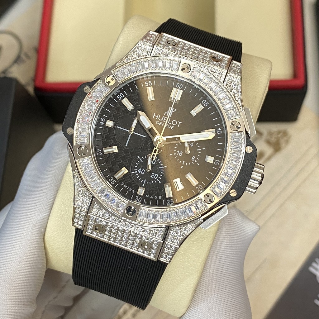 Đồng hồ nam Hublot mặt tròn size 42 đính đá cao cấp dây cao su chống nước DH605    shop106