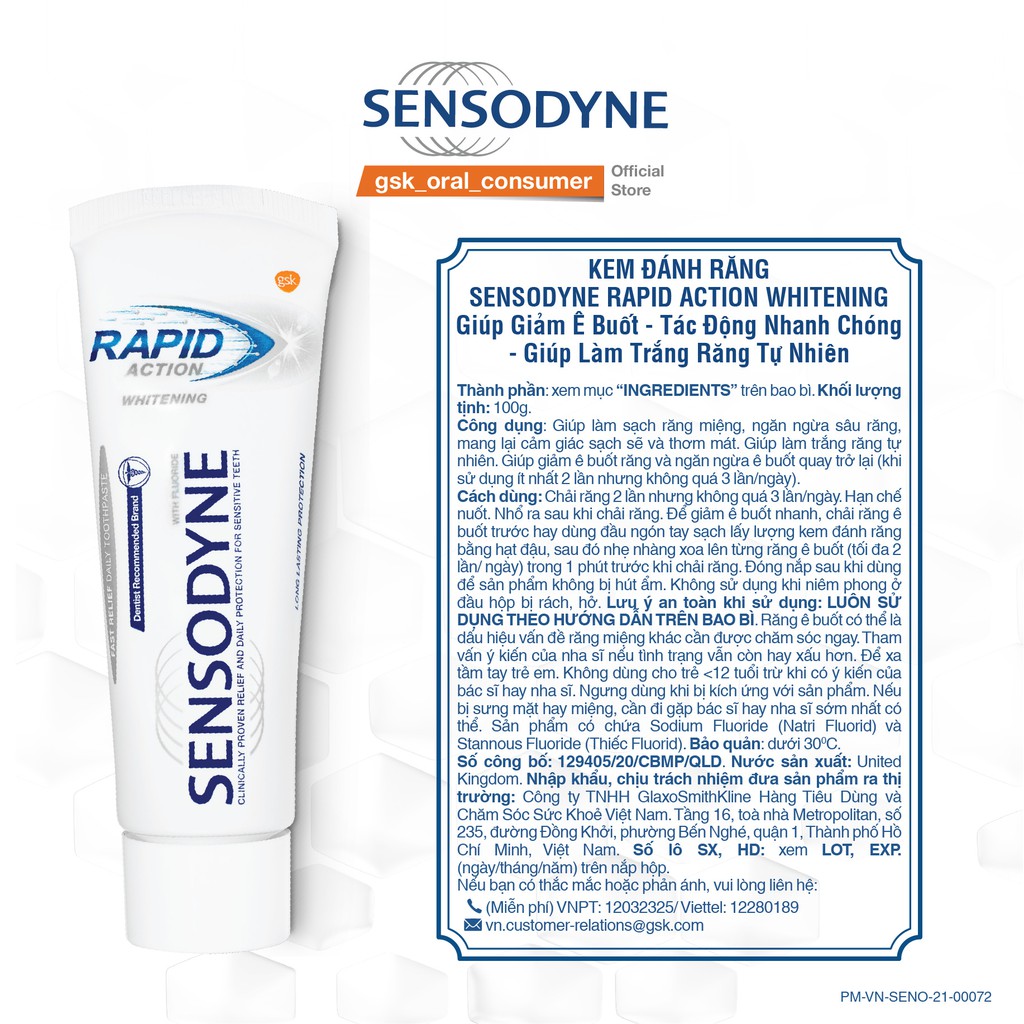 Kem đánh răng giảm ê buốt Sensodyne Rapid Action Whitening 100g giảm ê buốt nhanh và làm trắng răng tự nhiên