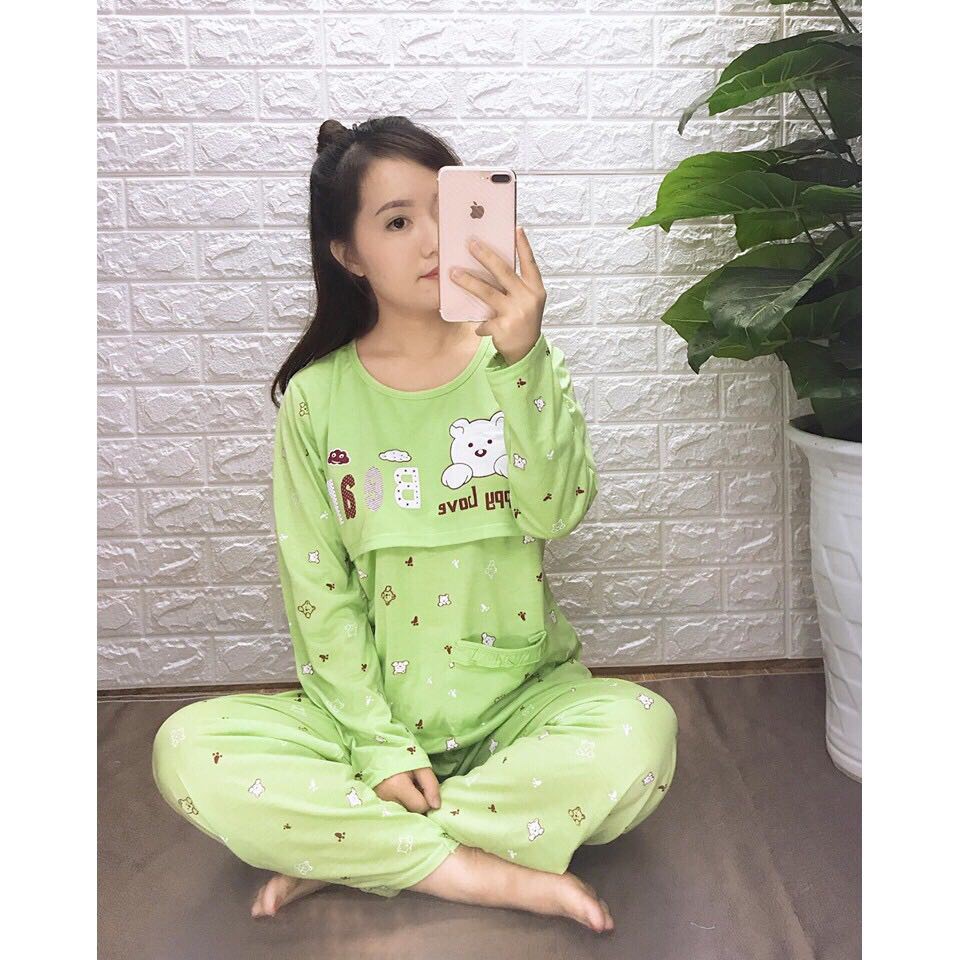 Đồ bộ bầu sau sinh[FREESHIP]vải cotton xịn, quần dài, áo vén ngực cho bé bú, cạp quần có mổ khuy nút, size 48--75kg
