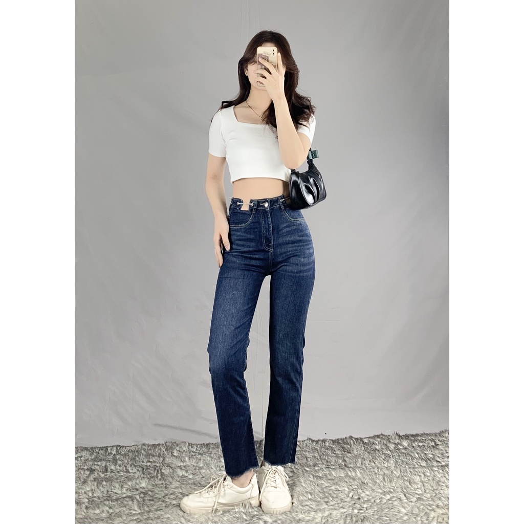 Quần jeans ống đứng dây xích cạp cao tôn dáng Jean8000