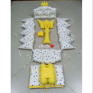 Combo quây cũi, ga chun, chăn trần bông, gối lõm, gối chặn và thỏ ôm