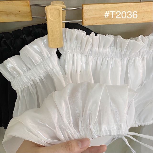Áo Kiểu Trễ Vai TIN CROPTOP tay dài sang chảnh khoe xương quai quyến rũ chất vải tơ Organza bo chun phần ngực có co giãn