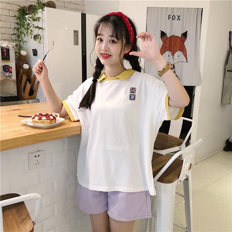 ÁO THUN NỮ ULZZANG TEEN CỔ SƠ MI PHỐI MÀU