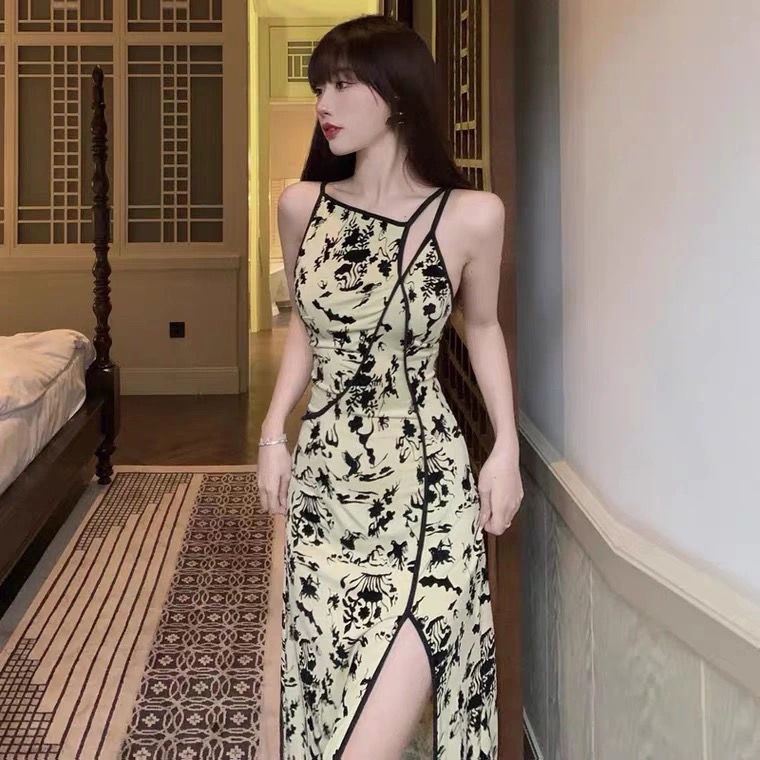 Đầm sườn xám hai dây họa tiết hoa thời trang mùa hè cho nữ