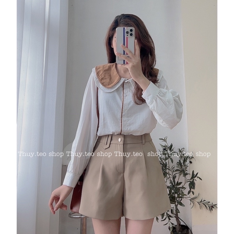 [Hàng sẵn] ÁO SƠ MI NỮ DÀI TAY PHA CỔ VIỀN CHẤT ĐŨI