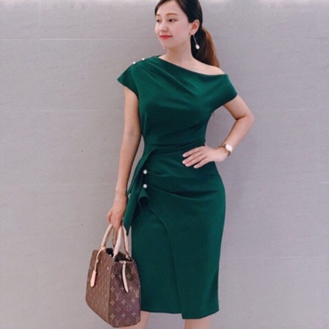 Đầm body thiết kế lệch vai nhún eo kèm hình thật( mặc canh)