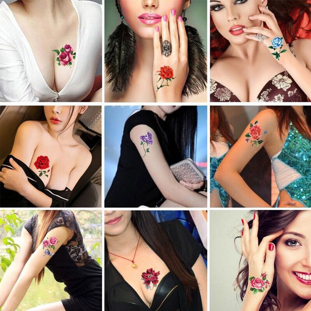 [Hàng mới về] Bộ 52 tờ hình xăm dán tạm thời in hình hoa hồng/bướm đáng yêu trang trí cơ thể xinh xắn DIY