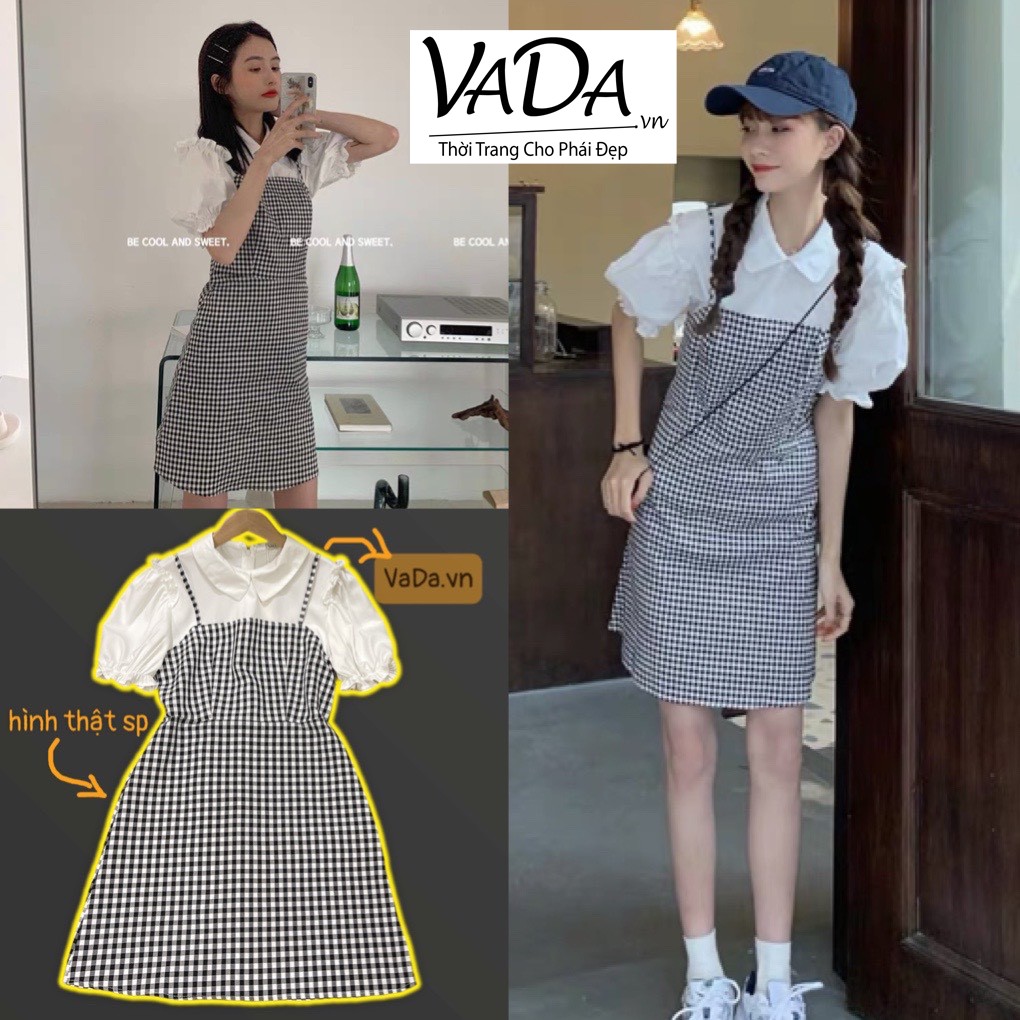 Đầm Suông sọc kẻ ô phối cổ sơ mi bèo dễ thương, đi học, cà phê, tiệc cưới - Thời Trang VADA - D97 | BigBuy360 - bigbuy360.vn