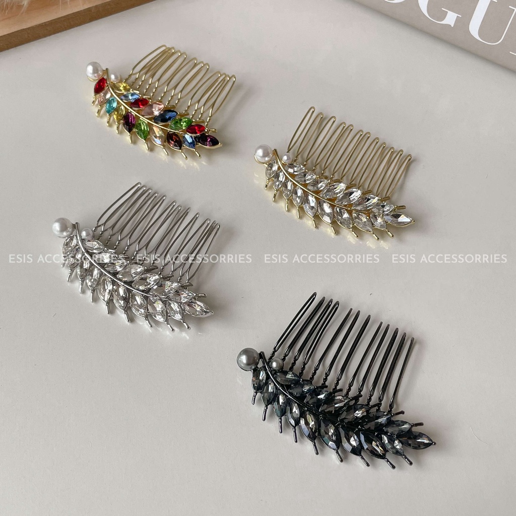 TRÂM XƯỚC CÀI TÓC KIM LOẠI ĐÍNH ĐÁ PHỐI HẠT TRAI MINI HÀN QUỐC ESIS ACCESSORIES