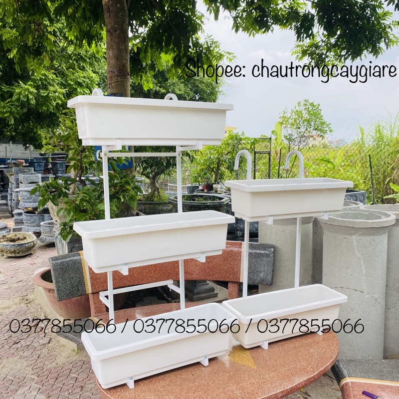 Kệ sắt 3 tầng trồng cây, Chậu hàng rào Composite, chậu dài trồng rau hoa ban công chung cư, hiện đại tiết kiệm diện tích