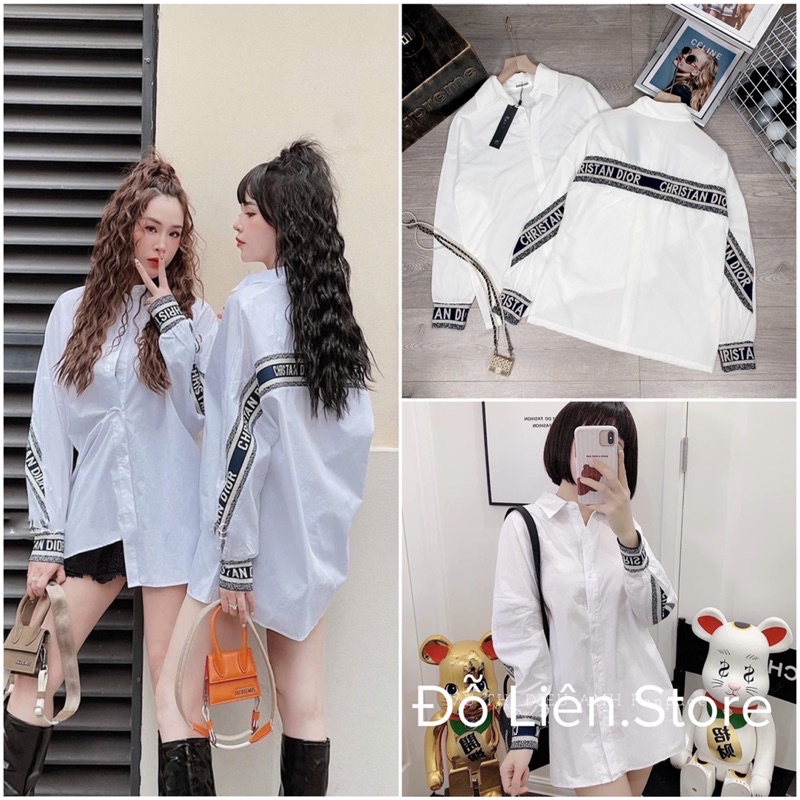 Áo sơ mi trắng viền chữ tay Bo from rộng dấu quần, Áo sơ mi hoạ tiết