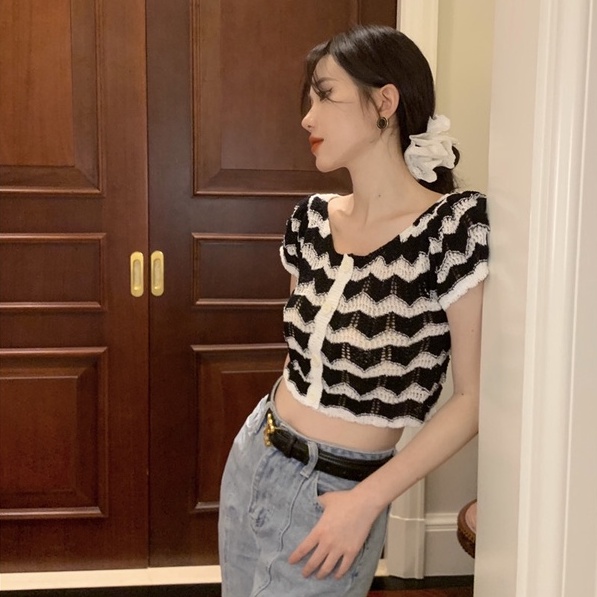 Áo cardigan croptop ZHELIHANGFEI dệt kim tay ngắn họa tiết kẻ sọc thời trang dành cho nữ