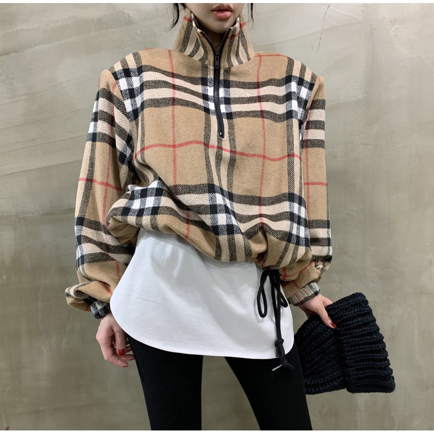 👗👗Áo Khoác Chui Đầu Ngắn Dáng Rộng Chui Đầu Cổ Đứng Có Dây Kéo Kẻ Sọc Caro Kiểu Hàn Quốc Dễ Phối Đồ Cho Nữ