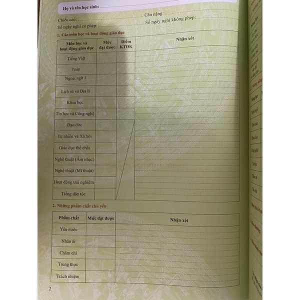Học Bạ Tiểu Học Thông Tư 27/2020