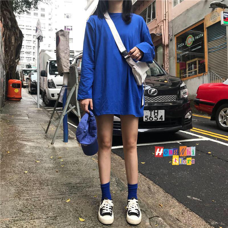 Áo Thun Tay Dài Trơn Long Tee Ulzzang Unisex Nam Nữ Dáng Rộng Màu Xanh Dương Đậm Coban - MM