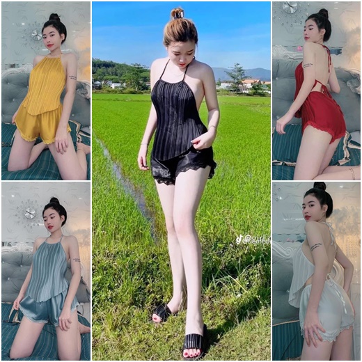 Yếm Ngủ Dập Ly-Set Bộ Yếm Dập Ly Hở Lưng Gợi Cảm Freesize Dưới 58kg, Vải Phi Lụa Mềm Mại Thoáng Mát Nguyên Khánh Store