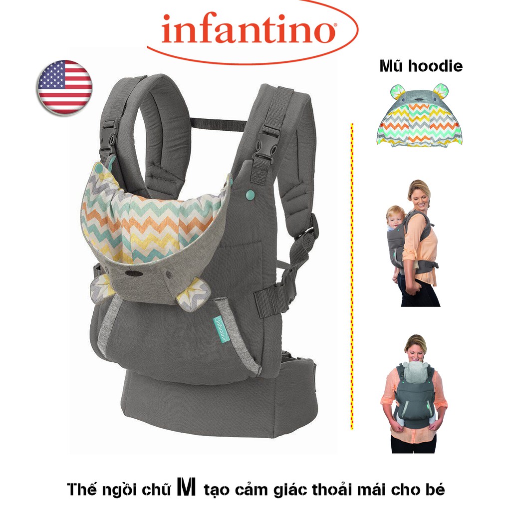 Địu Infantino Cuddle Up Ergonomic Hoodie 2 in 1 hàng chính hãng của Mỹ có mũ che đầu tiện lợi, tải trọng lên đến 18kg