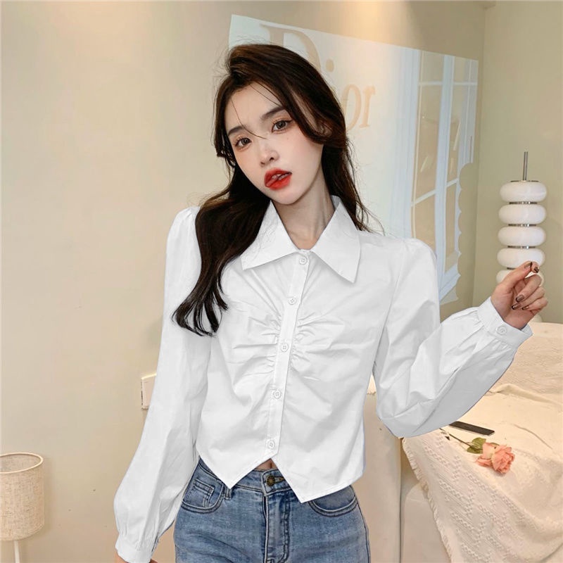 Áo sơ mi trắng IELGY tay dài dáng ngắn thời trang kiểu Pháp cho nữ