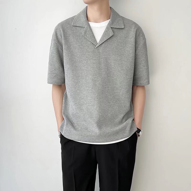 Áo polo Tay Ngắn Dáng Rộng Cổ Bẻ Co Giãn Màu Sắc Trơn Phong Cách Hàn Quốc Dành Cho Nam Sinh