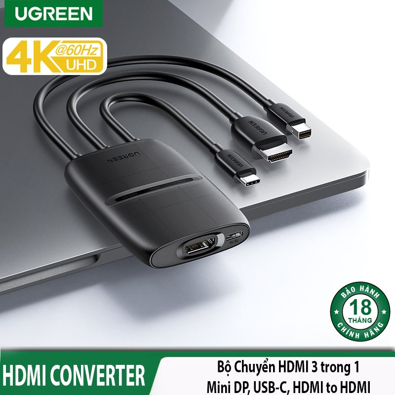 Bộ chuyển đổi HDMI 3 trong 1 Ugreen 20484 Chính hãng USB Type-C, Mini DP, HDMI to HDMI 4K@60Hz Cao cấp CM437