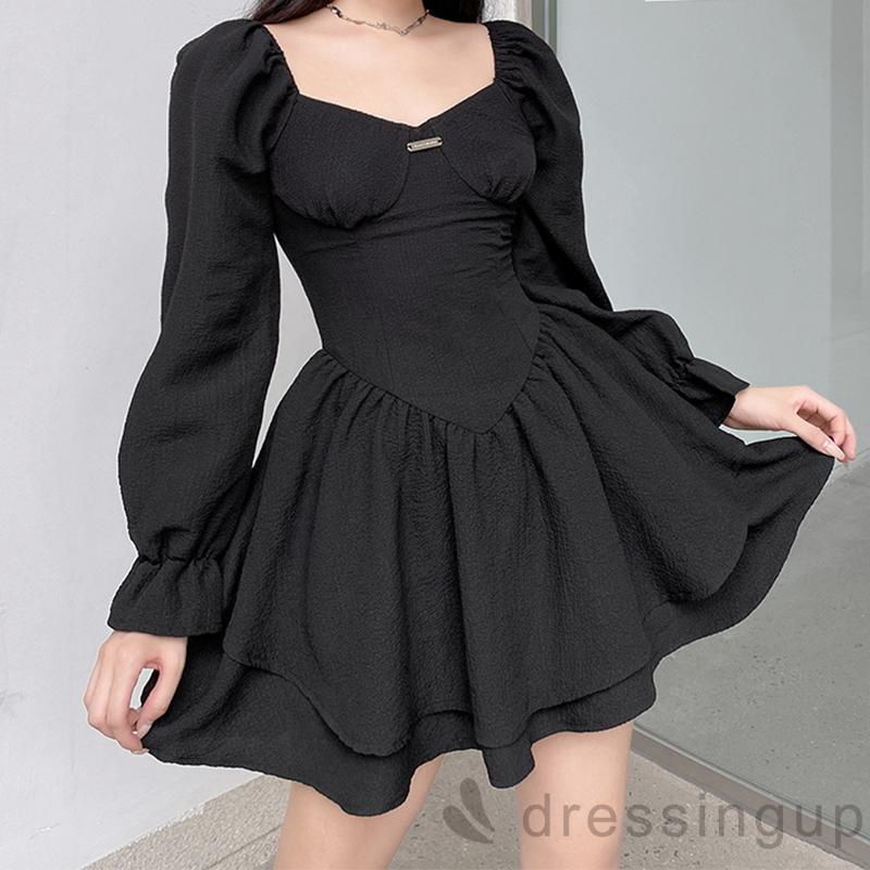 Đầm dài tay màu trơn hai lớp thời trang nữ tính