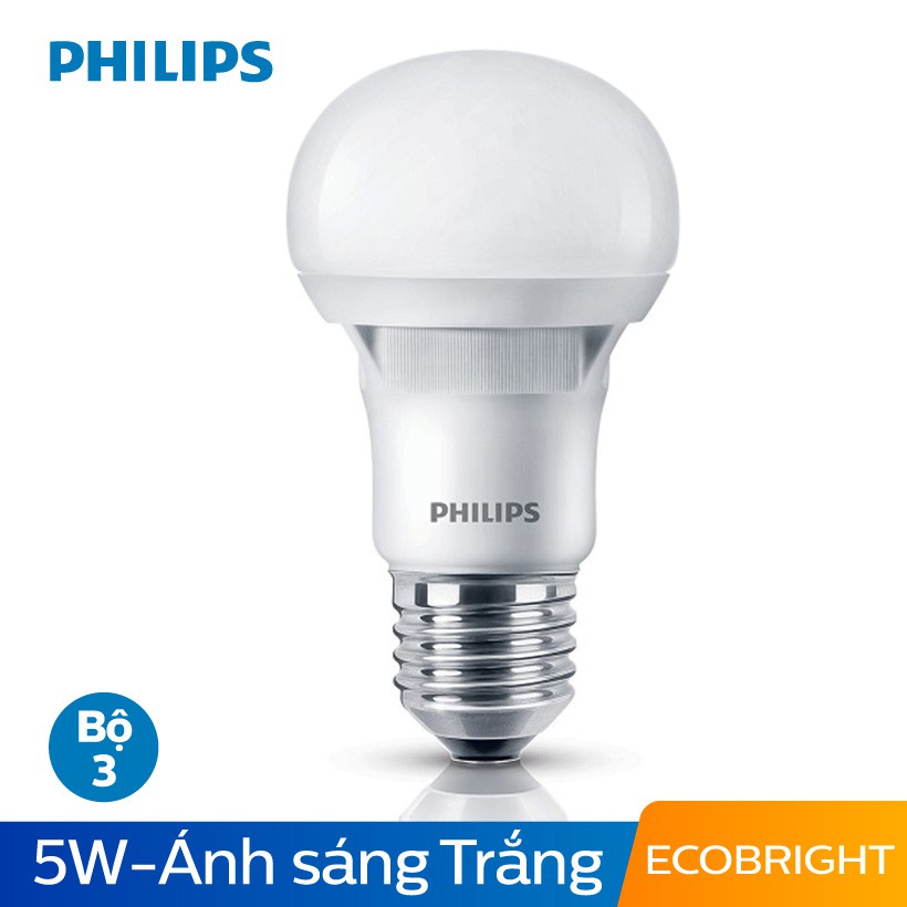 Bộ 3 Bóng đèn Philips LED Ecobright 5W 6500K E27 A60 - Ánh sáng trắng | BigBuy360 - bigbuy360.vn