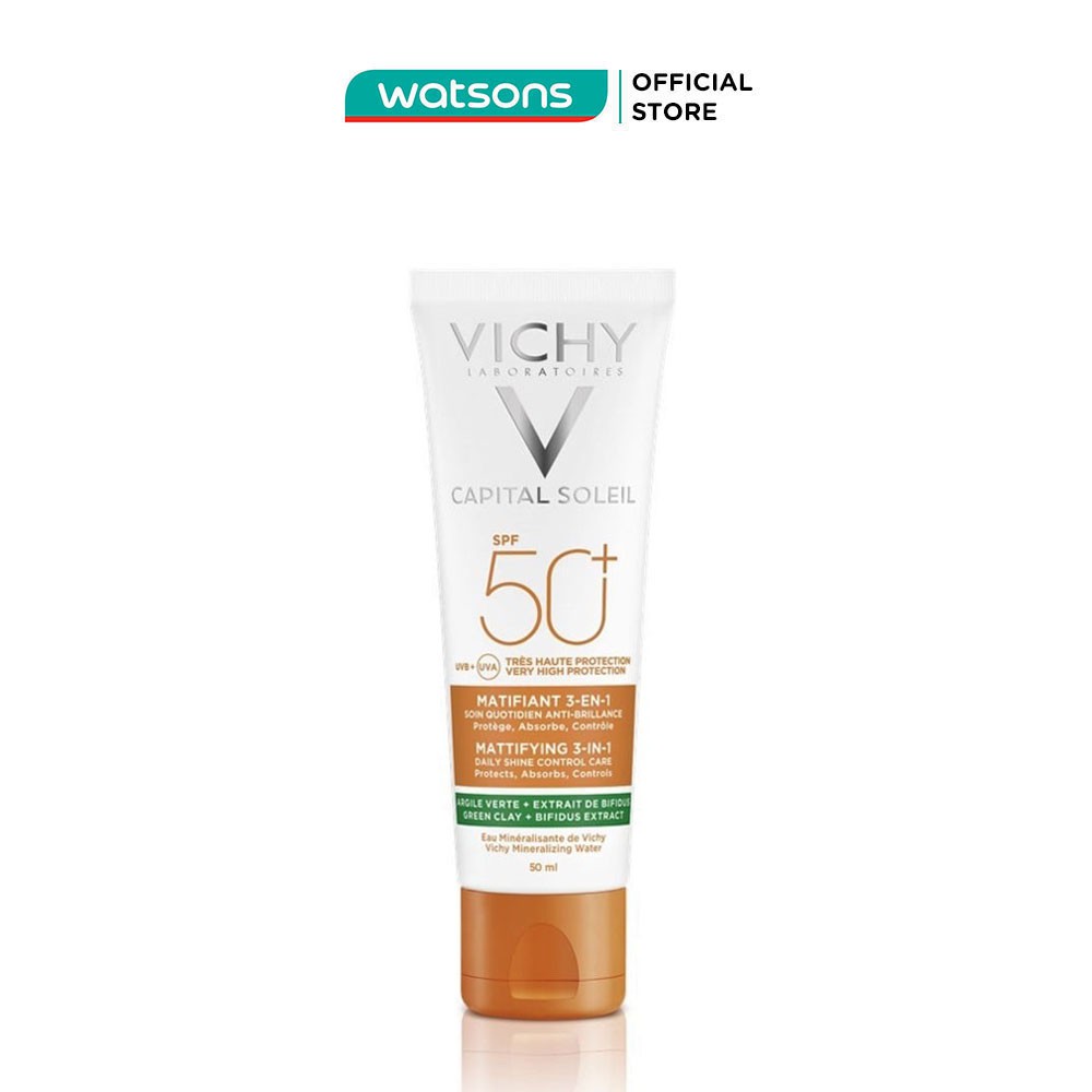Kem Chống Nắng Vichy Capital Soleil SPF50+ UVB UVA Mattifying 3In1 Chống Ô Nhiễm &amp; Bụi Hàng Ngày 50ml