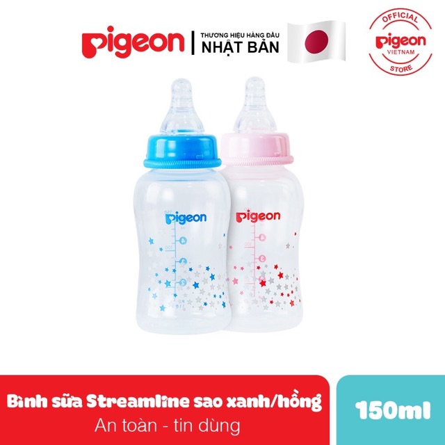 Bình sữa Pigeon cổ hẹp PP streamline 150ml/250ml ngôi sao xanh/Hồng