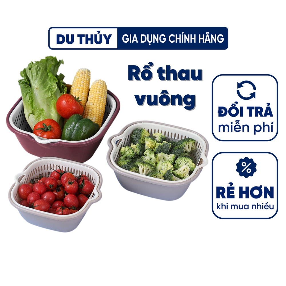 Bộ rổ thau hình vuông rửa rau củ quả chất liệu nhựa PP nguyên sinh, màu pastel trắng, hồng, ghi-Rổ 2 lớp vuông Việt Nhật