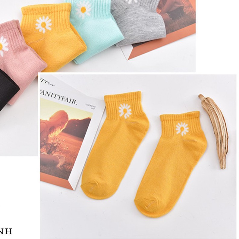 Combo 10 đôi tất cổ ngắn in hoa cúc  tặng kèm túi đựng