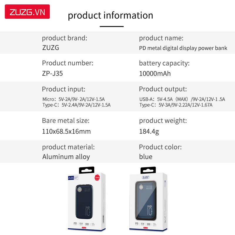 Sạc dự phòng mini ZUZG J35 10000 mah sạc nhanh hai chiều PD+QC3.0 chính hãng