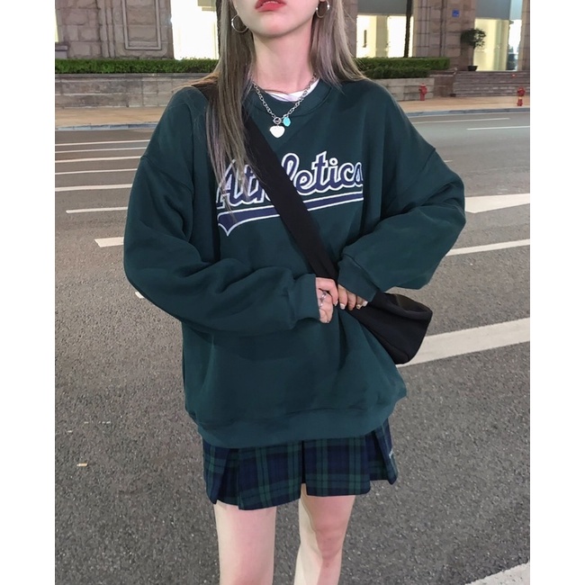 Set áo nỉ in hình màu xanh kèm chân váy tennis sọc caro có hình thật trải sàn | BigBuy360 - bigbuy360.vn