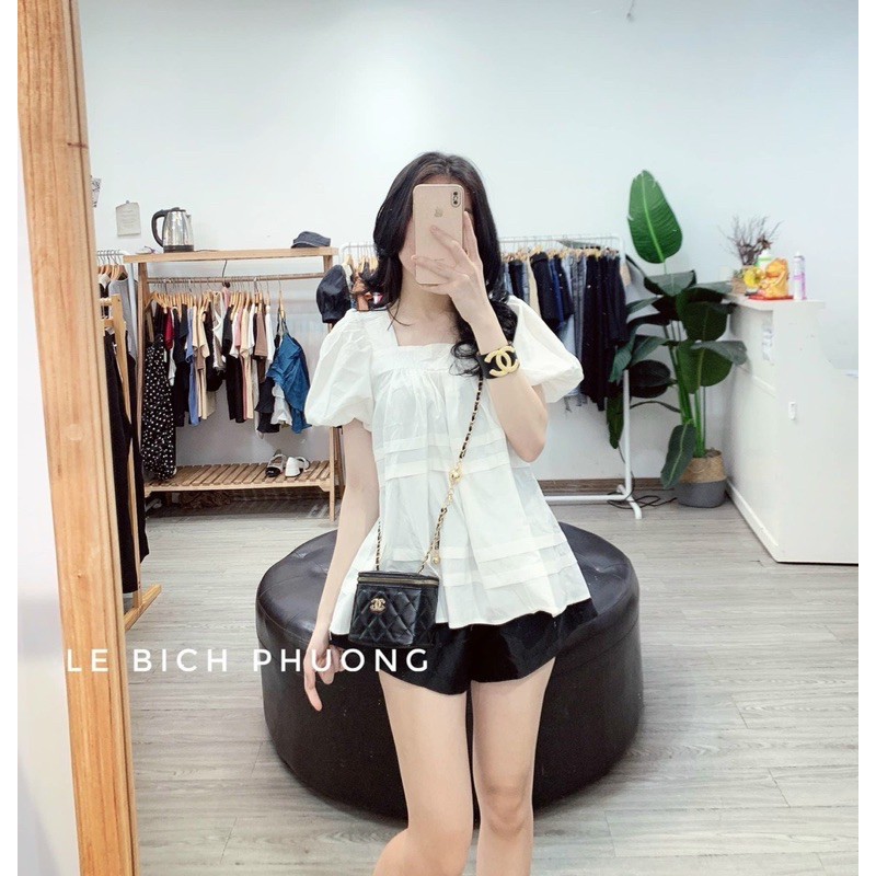 SNU200 - SET NỮ ÁO XẾP TẦNG CỔ VUÔNG MIX SOOC ĐEN | BigBuy360 - bigbuy360.vn