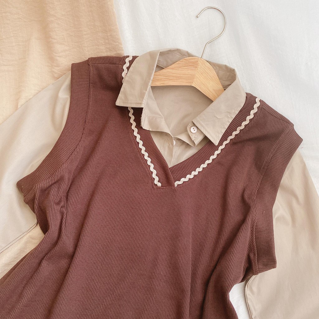 SET ĐẦM SƠMI NUDE PHỐI CHÂN XẾP LI + ÁO GILE NÂU VIỀN | BigBuy360 - bigbuy360.vn