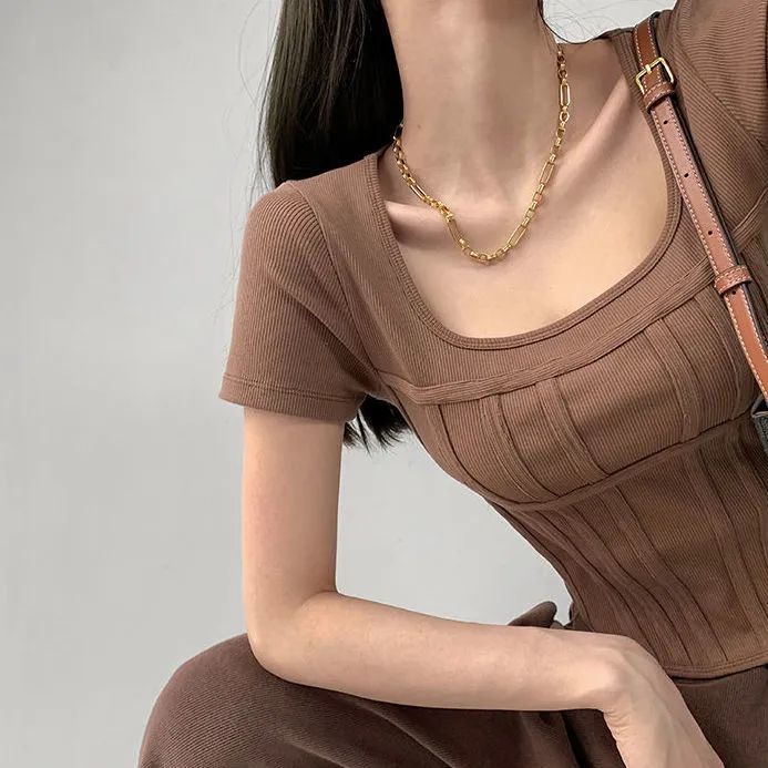 Áo Croptop Dệt Kim Cổ Vuông Thời Trang Mùa Hè Quyến Rũ Cho Nữ