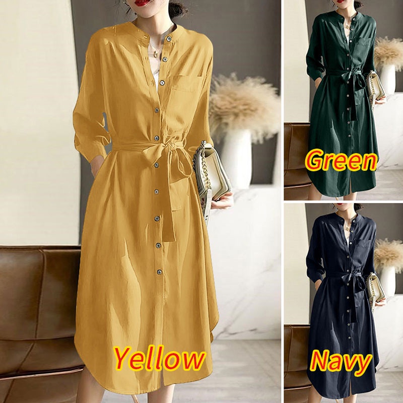 Đầm ZANZEA tay 3/4 cổ bẻ dáng rộng có túi hai bên thời trang dành cho bạn nữ