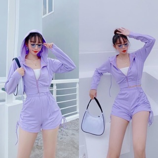[ảnh_thật_cuối] set 3 món ( áo crop 2s+short rút dây+khoác nón khoá kéo)