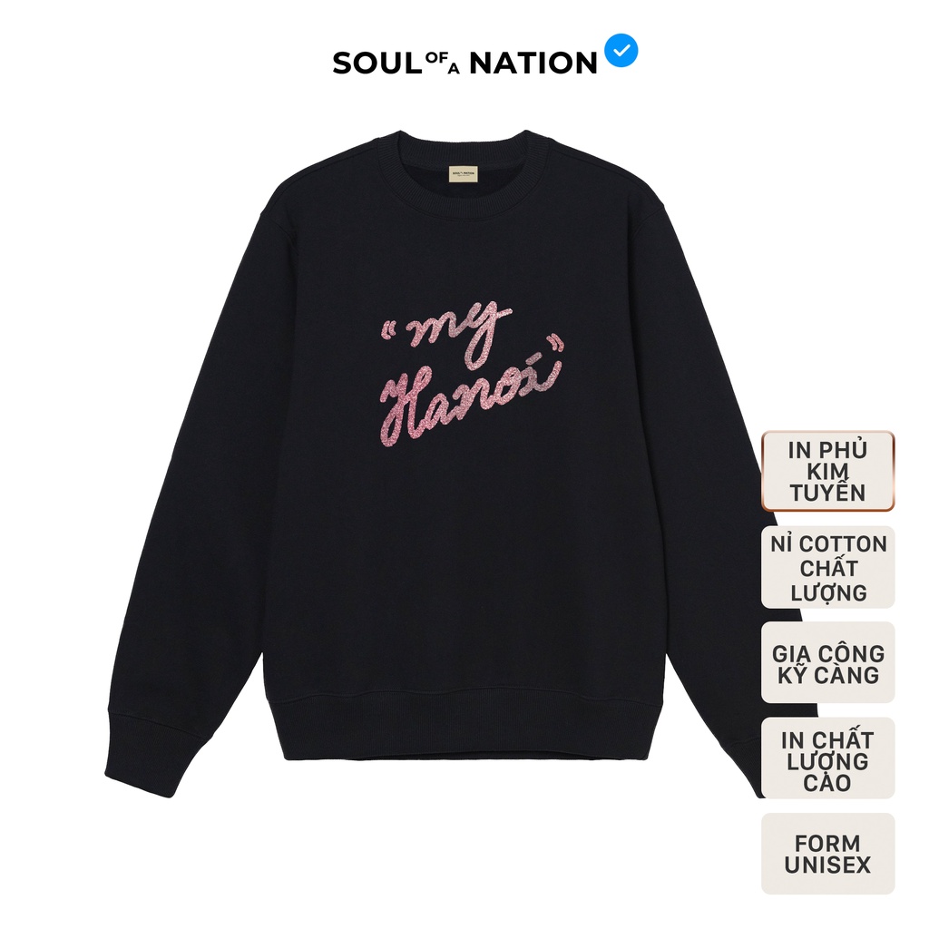 Sweater unisex In cao cấp KIM TUYẾN HỒNG chữ MY HANOI form basic vải nỉ bông cotton SOUL OF A NATION - Đen / Trắng