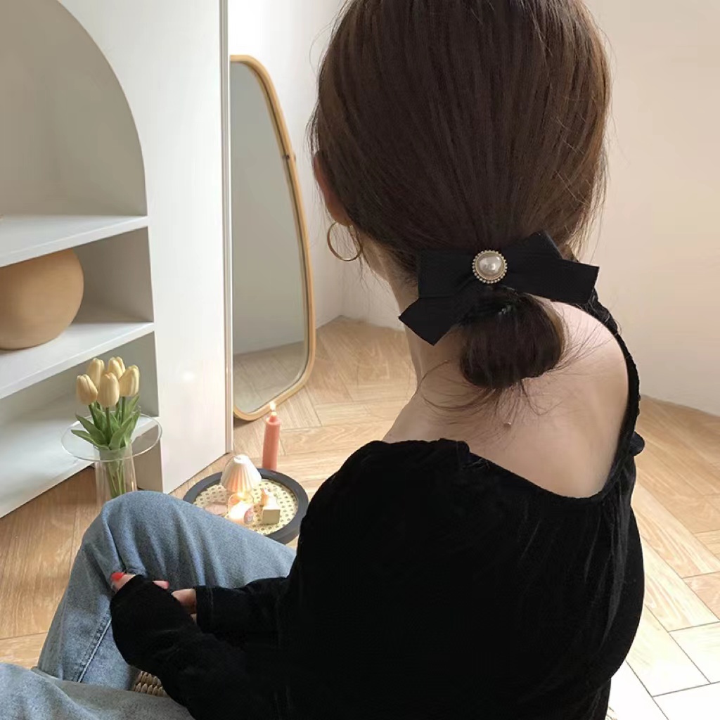 Dây Buộc Tóc Cao Su Màu Đen Đính Nơ Và Ngọc Trai Phong Cách Retro Pháp