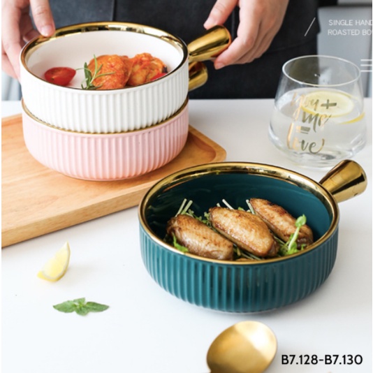 Thố có tay cầm - màu trắng, hồng và xanh cổ vịt viền vàng - đựng salad, snack và decor bàn ăn